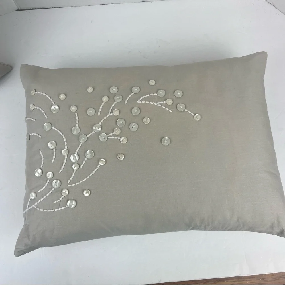Pair of Barbara Berry grey accent pillows with button & embroidered accents